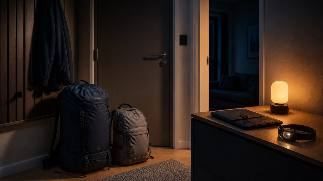 Zwei gepackte Notfallrucksäcke neben der Wohnungstür, daneben Dokumentenmappe und Stirnlampe