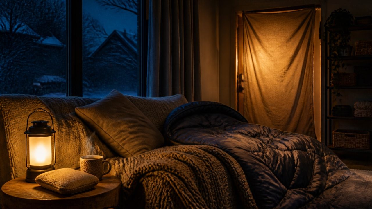 KI-generiertes Bild: Sofa mit Wolldecke, Schlafsack und Teetasse im Licht einer Laterne, vor der Tür hängt ein Vorhang, draußen Schnee