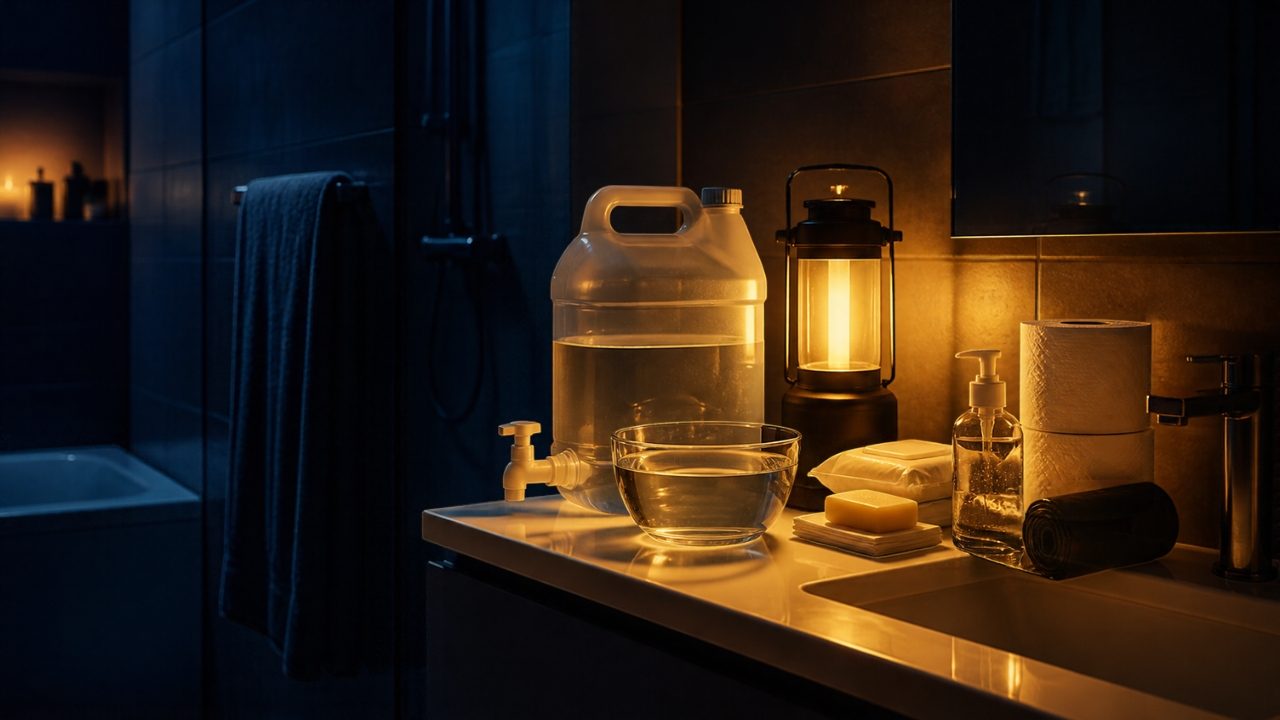 KI-generiertes Bild: Badezimmer im Licht einer Laterne, auf dem Waschbecken stehen Wasserkanister, Seife, Feuchttücher und Toilettenpapier