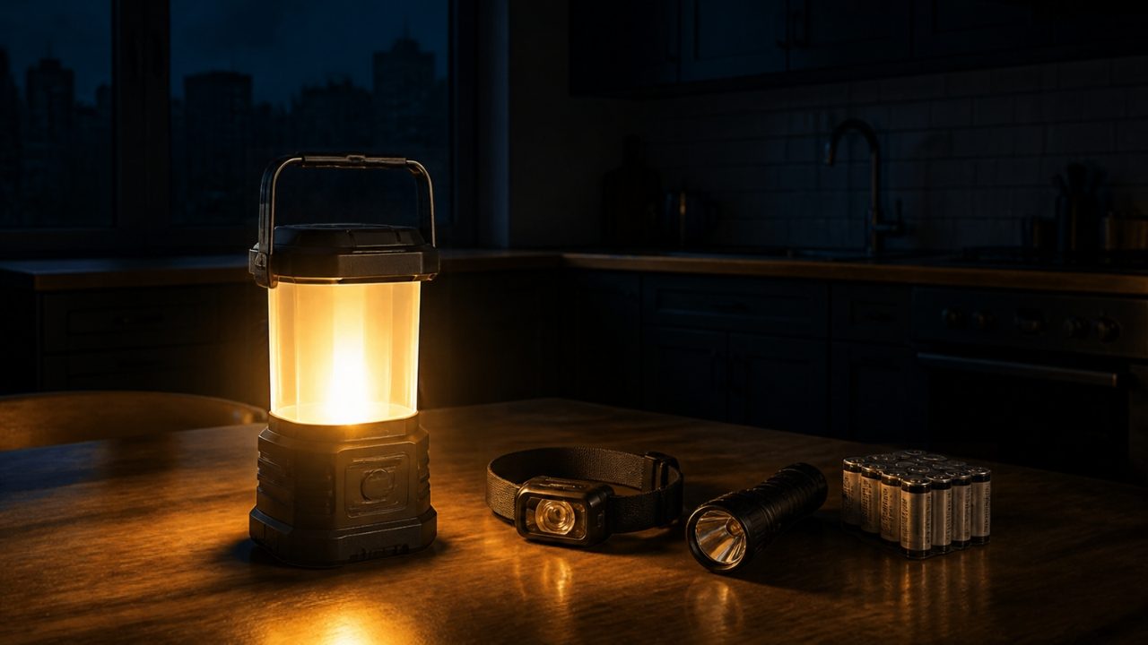 Dunkle Küche, auf dem Tisch leuchtet eine LED-Laterne neben Stirnlampe, Taschenlampe und Batterien