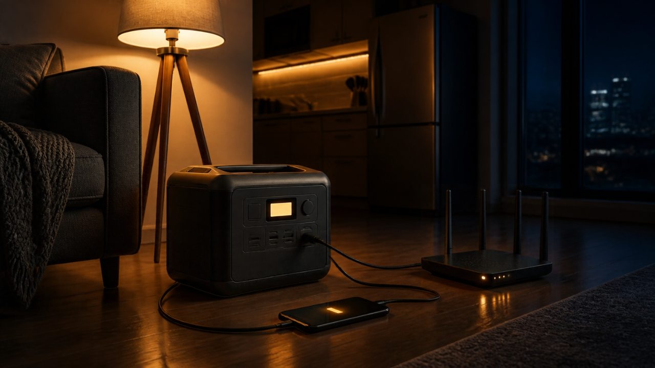 Powerstation versorgt bei Stromausfall eine Stehlampe, einen Router und ein Smartphone