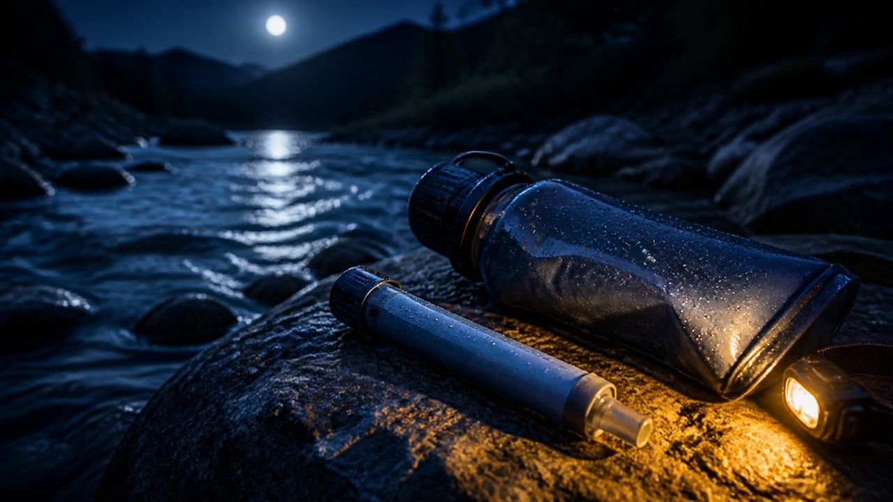 Wasserfilter auf einem Stein am Bachufer in der Dämmerung
